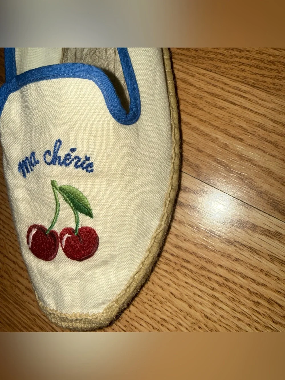Soludos Ma Chérie Cherry Embroidered Espadrilles in White with Blue Trim